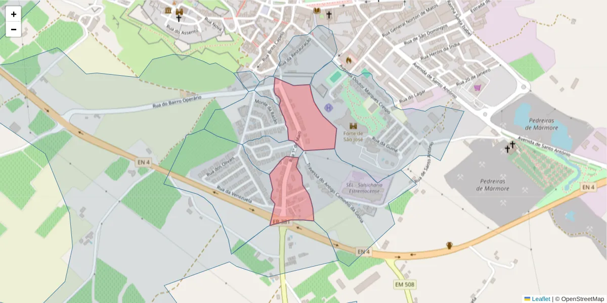 Mapa detalhado do código postal 7100-515 com limites, códigos postais vizinhos e agências dos correios