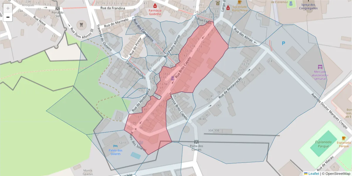Mapa detalhado do código postal 7100-518 com limites, códigos postais vizinhos e agências dos correios
