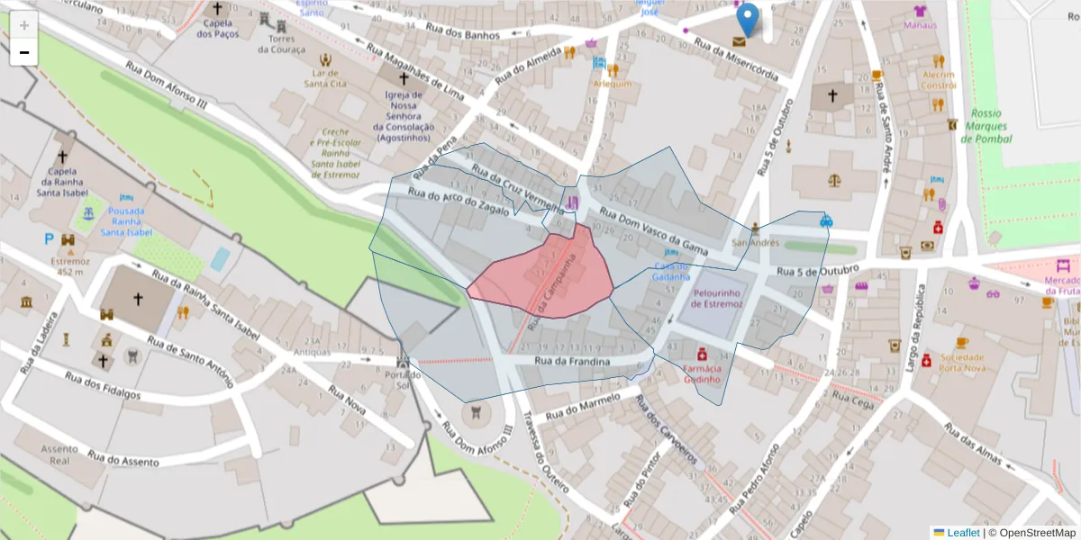Mapa detalhado do código postal 7100-522 com limites, códigos postais vizinhos e agências dos correios