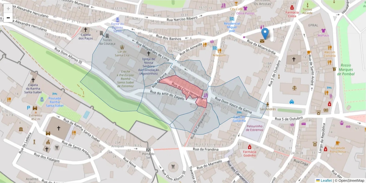 Mapa detalhado do código postal 7100-524 com limites, códigos postais vizinhos e agências dos correios