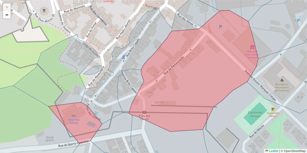 Mapa detalhado do código postal 7100-530 com limites, códigos postais vizinhos e agências dos correios