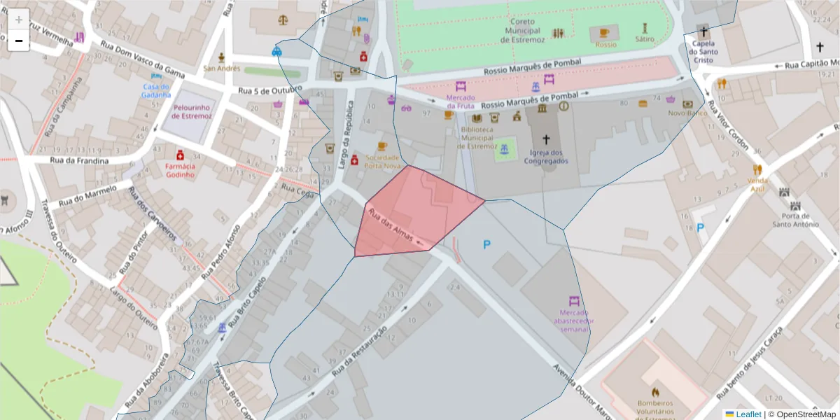 Mapa detalhado do código postal 7100-531 com limites, códigos postais vizinhos e agências dos correios
