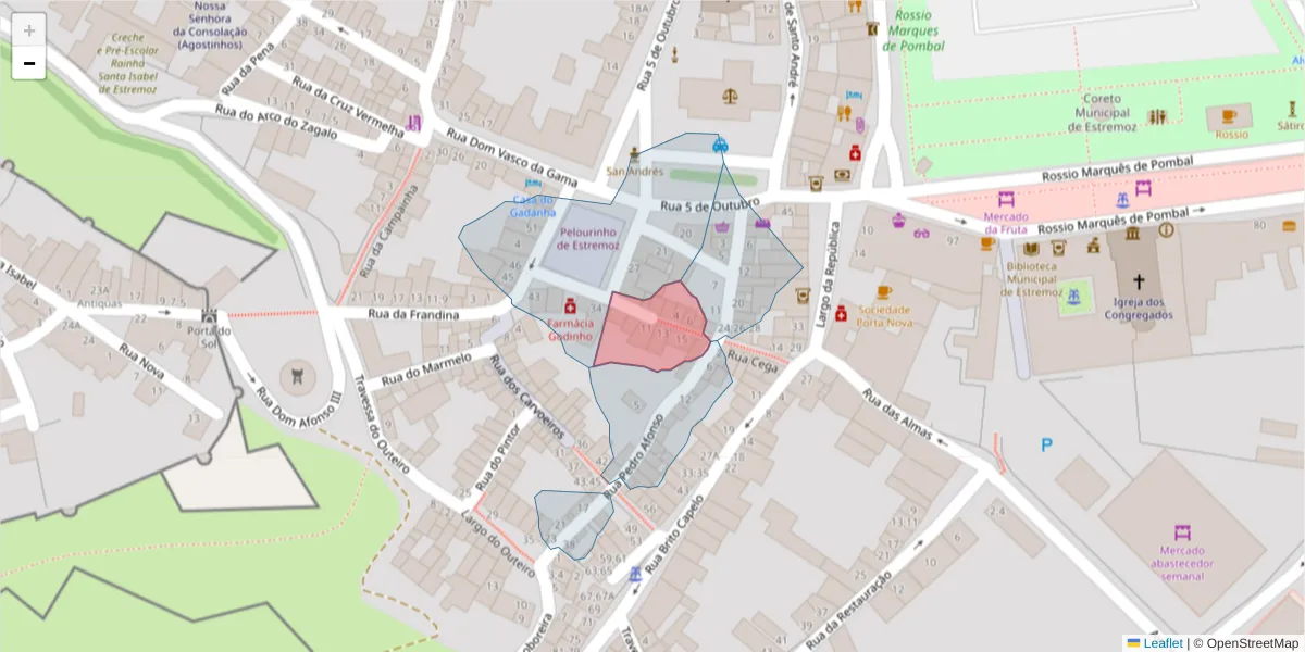 Mapa detalhado do código postal 7100-532 com limites, códigos postais vizinhos e agências dos correios