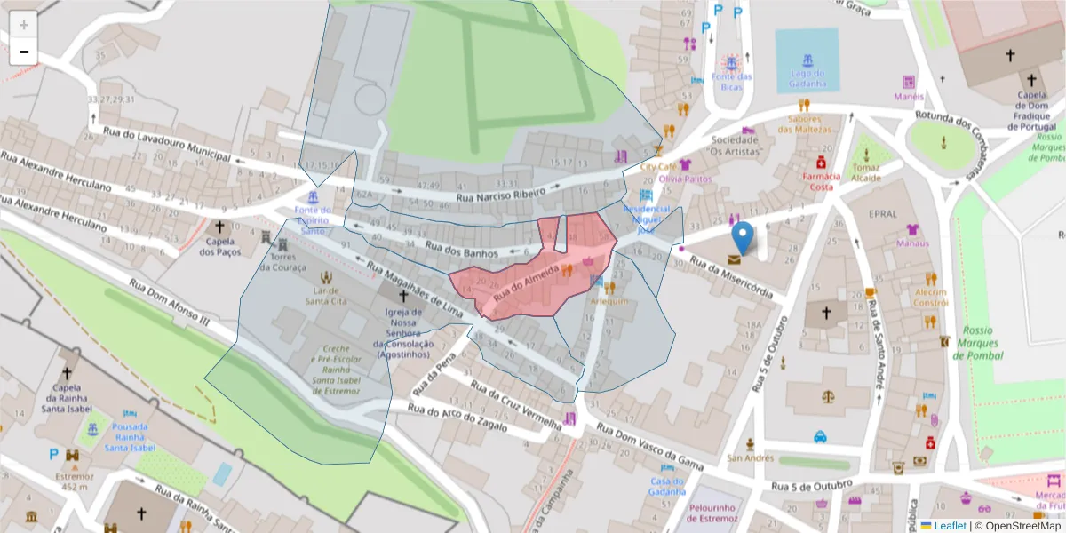 Mapa detalhado do código postal 7100-537 com limites, códigos postais vizinhos e agências dos correios