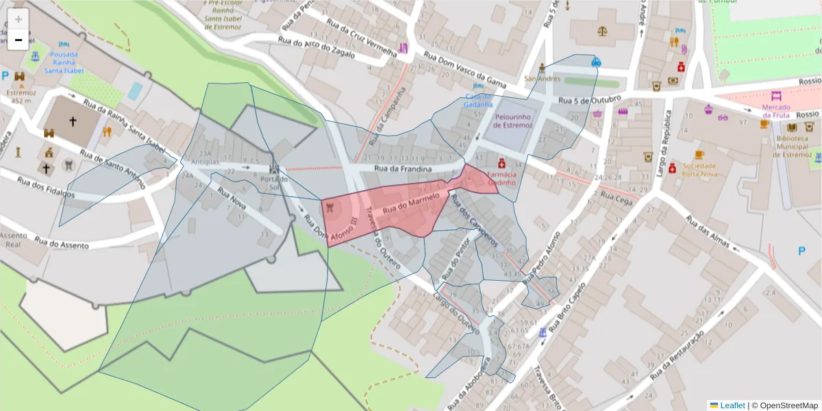 Mapa detalhado do código postal 7100-542 com limites, códigos postais vizinhos e agências dos correios