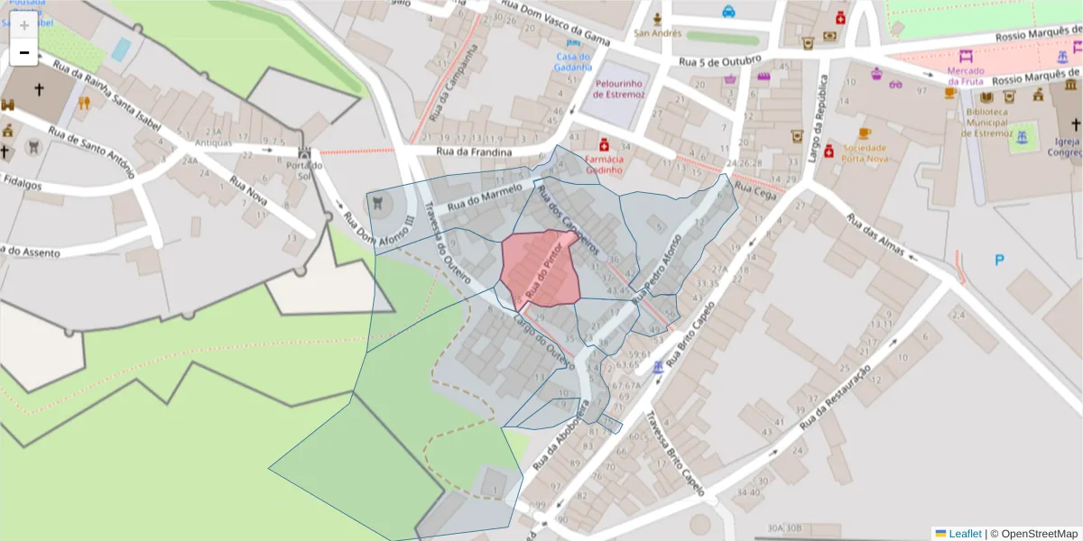 Mapa detalhado do código postal 7100-546 com limites, códigos postais vizinhos e agências dos correios