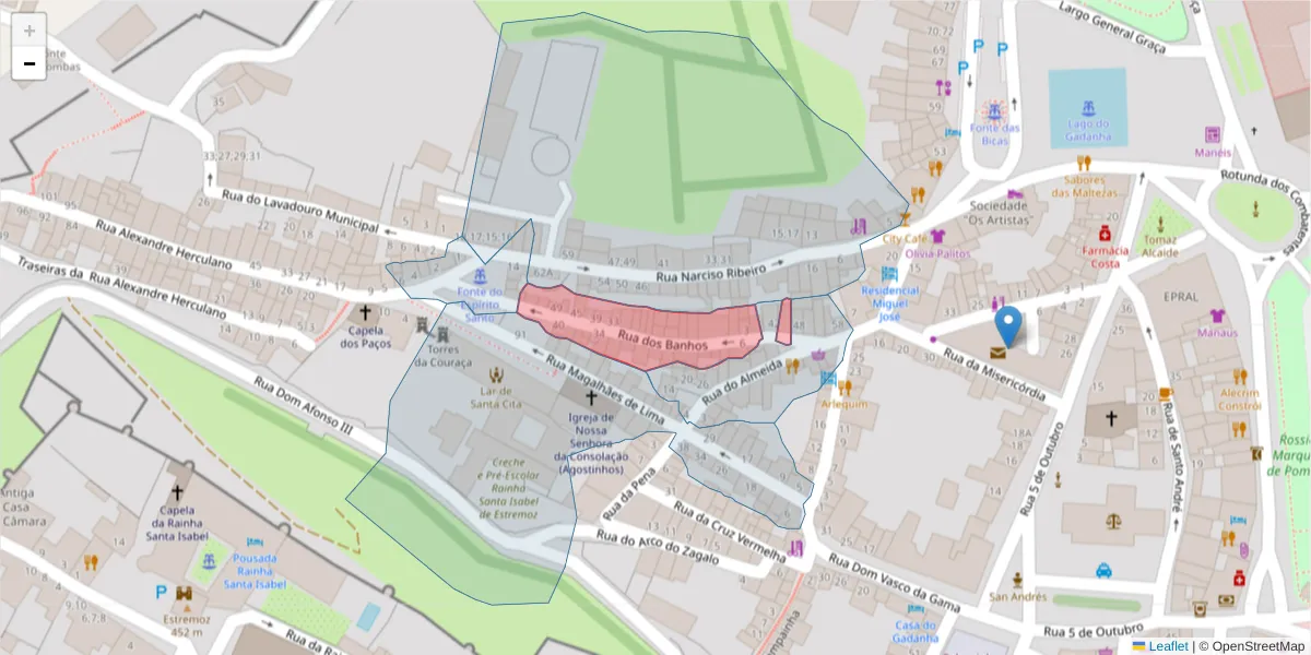 Mapa detalhado do código postal 7100-547 com limites, códigos postais vizinhos e agências dos correios