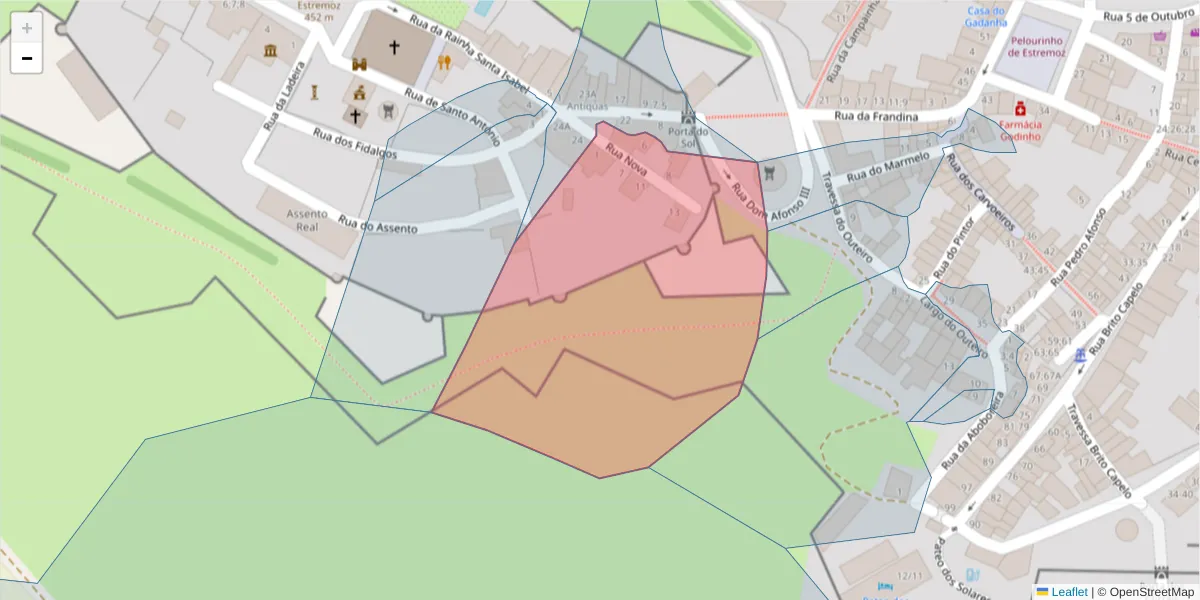 Mapa detalhado do código postal 7100-555 com limites, códigos postais vizinhos e agências dos correios