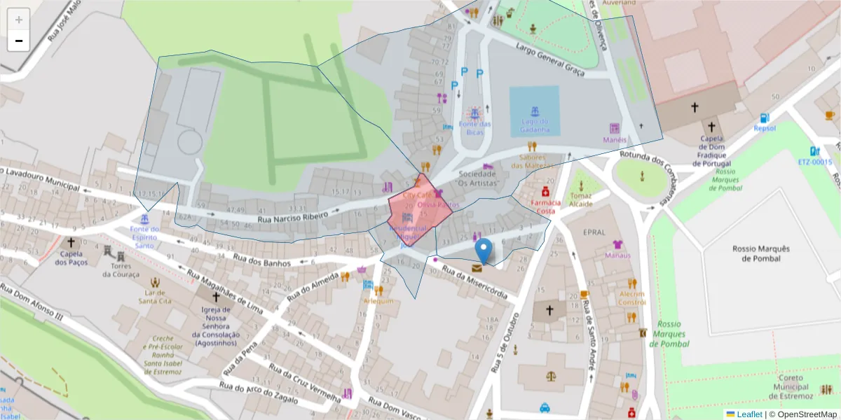 Mapa detalhado do código postal 7100-567 com limites, códigos postais vizinhos e agências dos correios