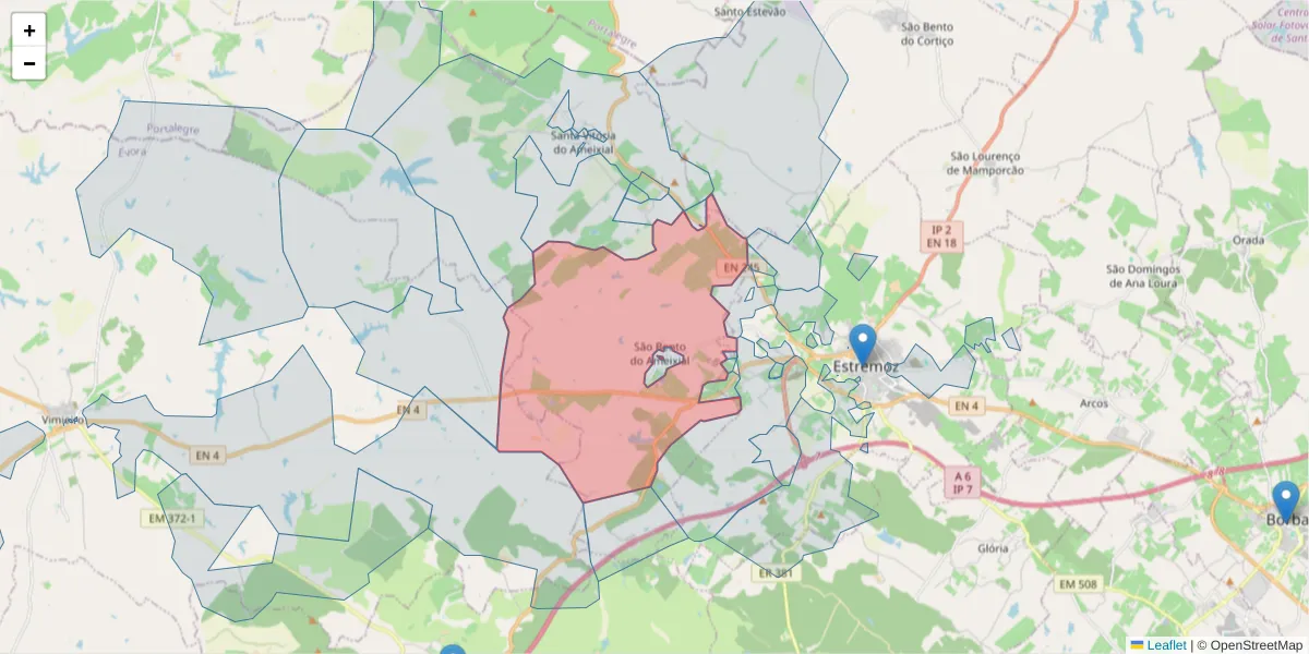 Mapa detalhado do código postal 7100-600 com limites, códigos postais vizinhos e agências dos correios