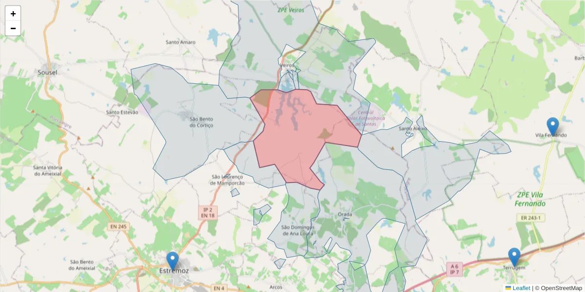 Mapa detalhado do código postal 7100-620 com limites, códigos postais vizinhos e agências dos correios