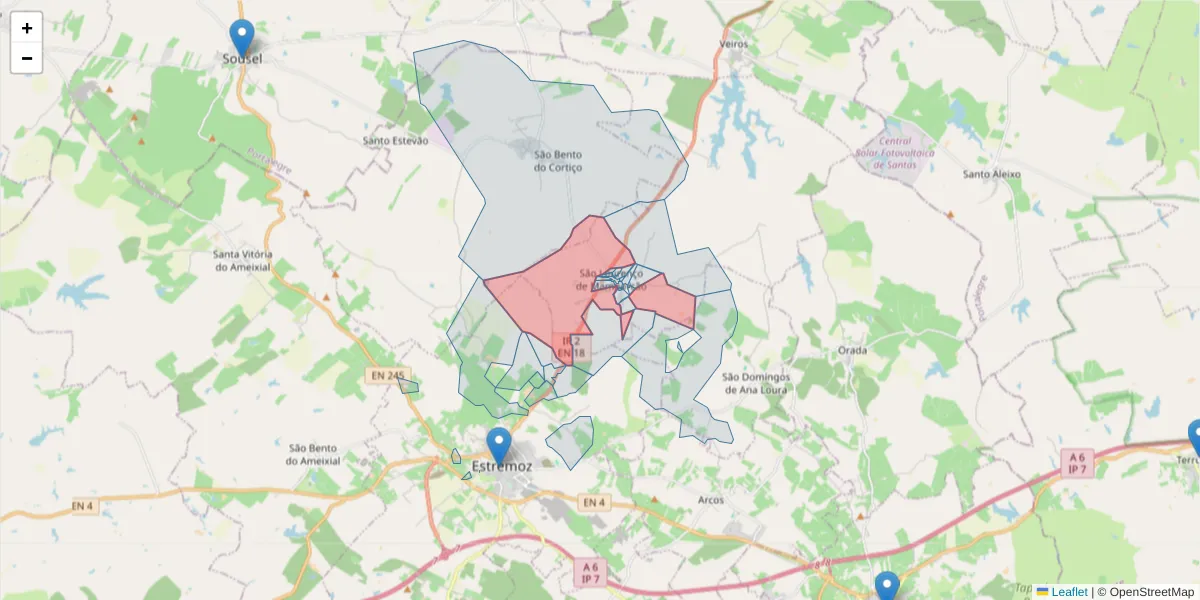 Mapa detalhado do código postal 7100-650 com limites, códigos postais vizinhos e agências dos correios