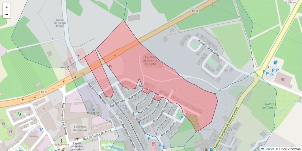 Mapa detalhado do código postal 7150-102 com limites, códigos postais vizinhos e agências dos correios
