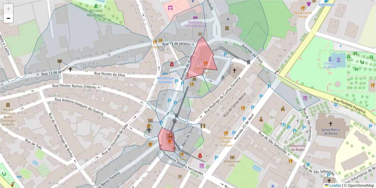 Mapa detalhado do código postal 7150-104 com limites, códigos postais vizinhos e agências dos correios