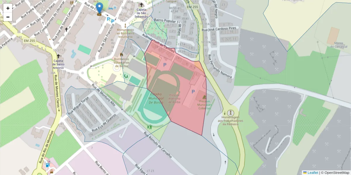 Mapa detalhado do código postal 7150-107 com limites, códigos postais vizinhos e agências dos correios