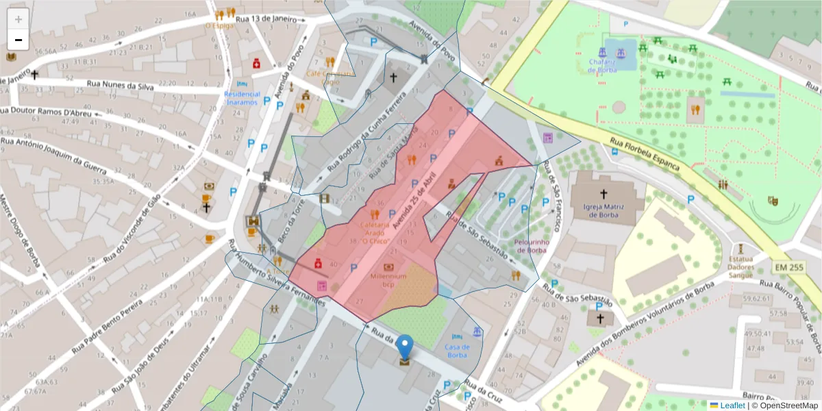 Mapa detalhado do código postal 7150-109 com limites, códigos postais vizinhos e agências dos correios