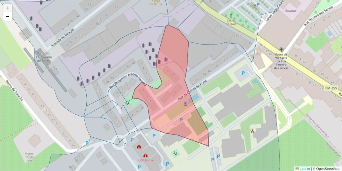 Mapa detalhado do código postal 7150-114 com limites, códigos postais vizinhos e agências dos correios