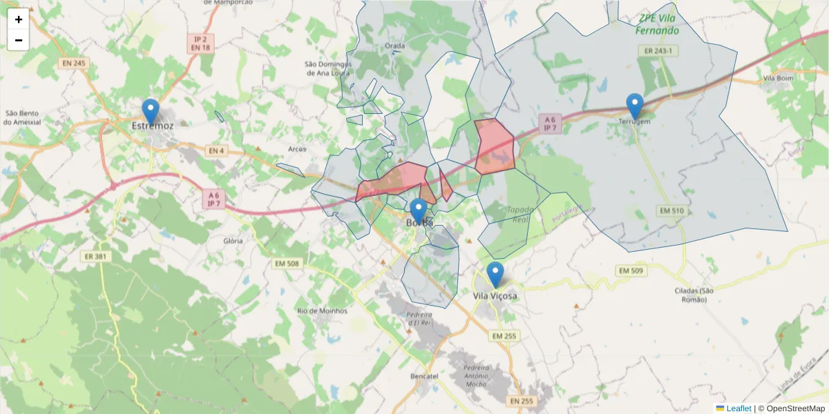 Mapa detalhado do código postal 7150-117 com limites, códigos postais vizinhos e agências dos correios