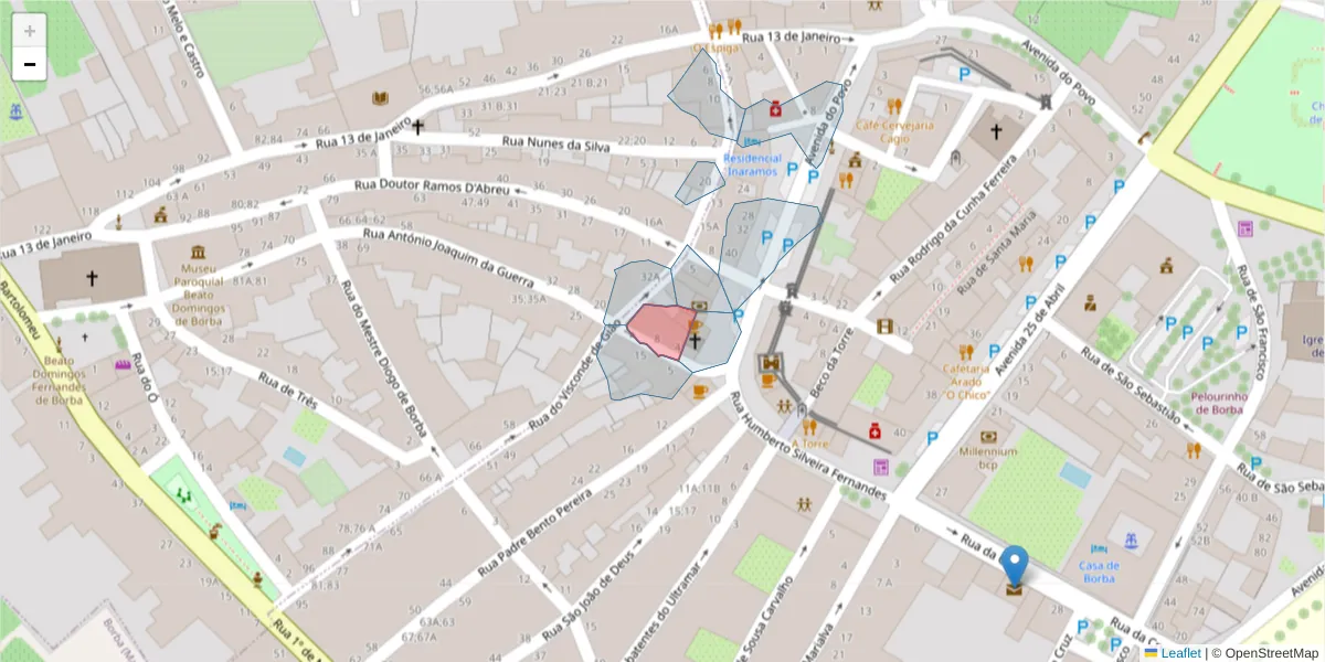 Mapa detalhado do código postal 7150-121 com limites, códigos postais vizinhos e agências dos correios