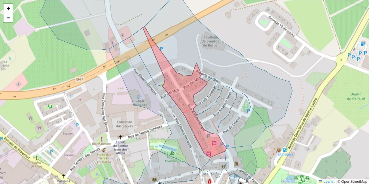 Mapa detalhado do código postal 7150-122 com limites, códigos postais vizinhos e agências dos correios