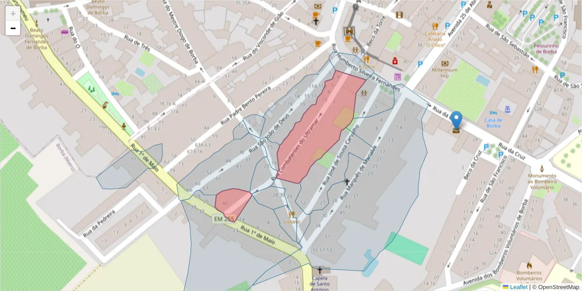 Mapa detalhado do código postal 7150-124 com limites, códigos postais vizinhos e agências dos correios