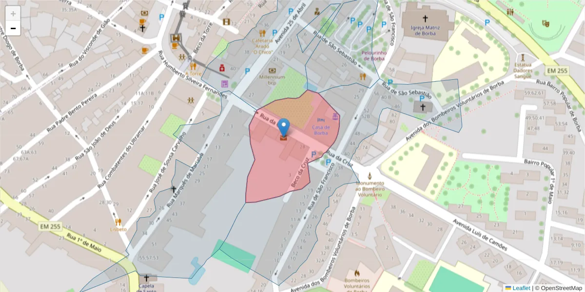 Mapa detalhado do código postal 7150-125 com limites, códigos postais vizinhos e agências dos correios