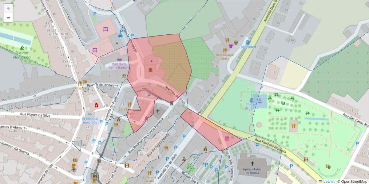 Mapa detalhado do código postal 7150-128 com limites, códigos postais vizinhos e agências dos correios