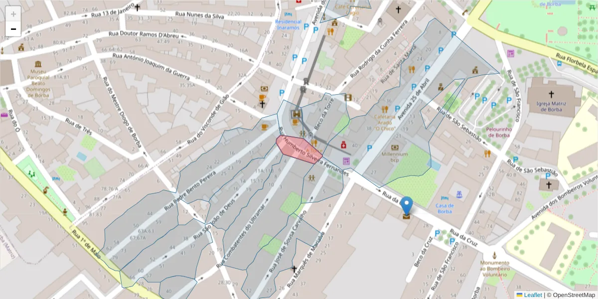 Mapa detalhado do código postal 7150-129 com limites, códigos postais vizinhos e agências dos correios