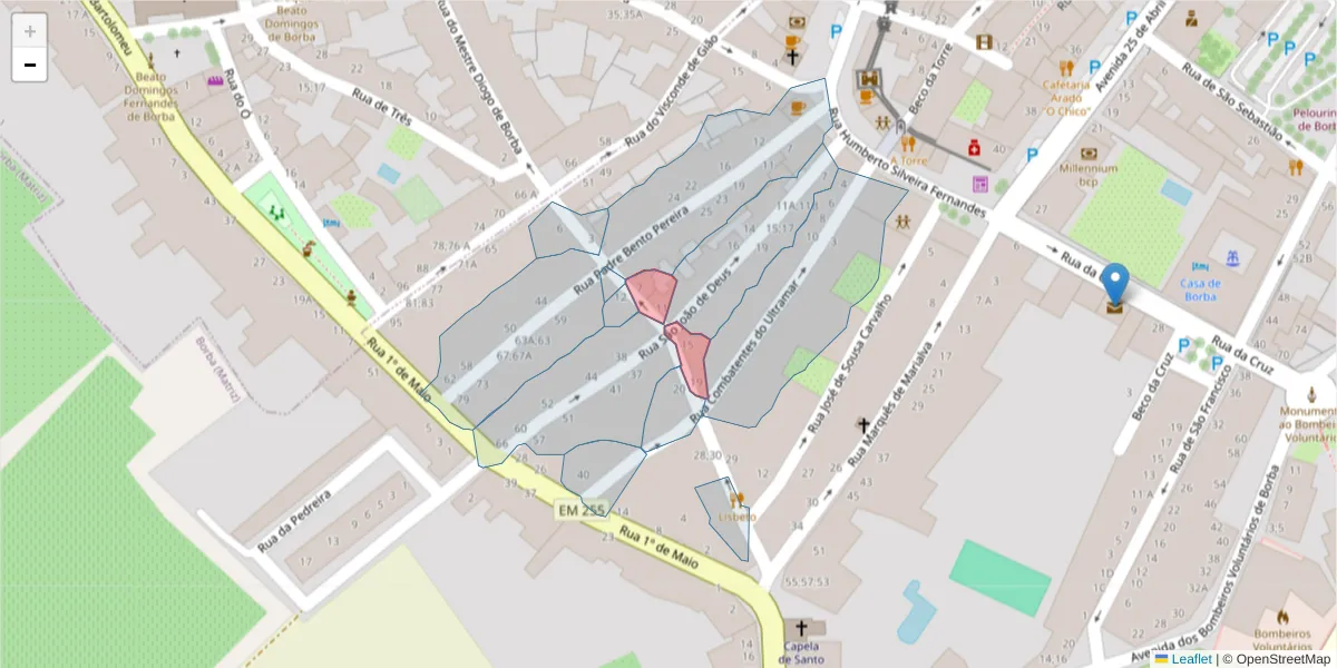 Mapa detalhado do código postal 7150-134 com limites, códigos postais vizinhos e agências dos correios