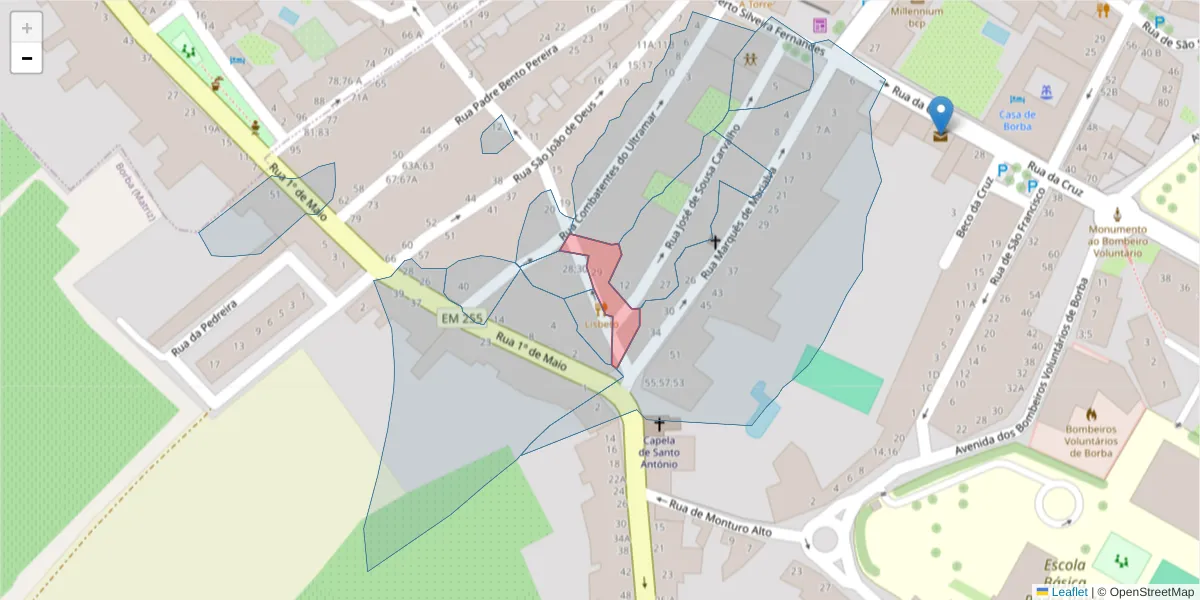 Mapa detalhado do código postal 7150-136 com limites, códigos postais vizinhos e agências dos correios