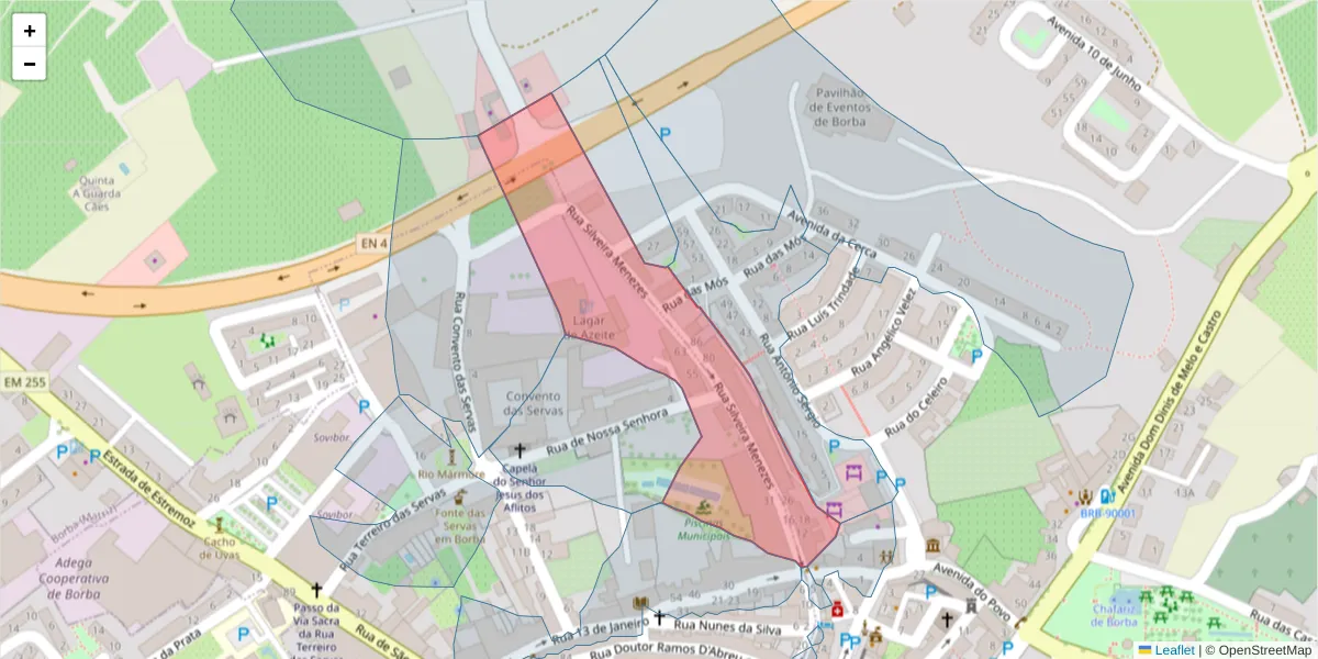 Mapa detalhado do código postal 7150-144 com limites, códigos postais vizinhos e agências dos correios