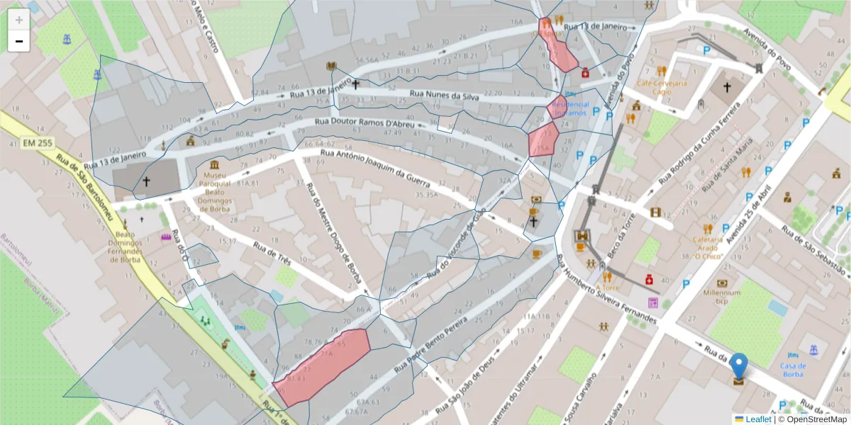 Mapa detalhado do código postal 7150-147 com limites, códigos postais vizinhos e agências dos correios