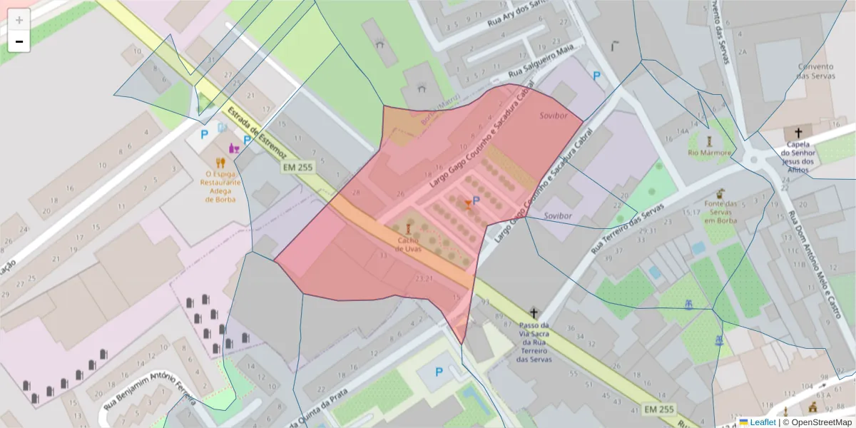 Mapa detalhado do código postal 7150-153 com limites, códigos postais vizinhos e agências dos correios