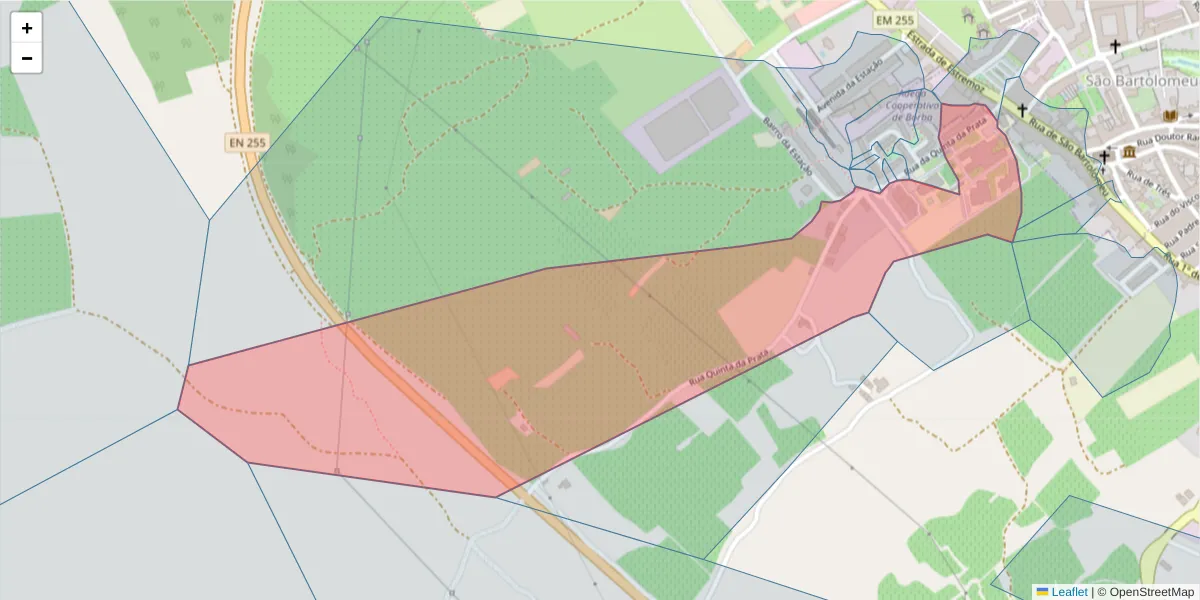 Mapa detalhado do código postal 7150-154 com limites, códigos postais vizinhos e agências dos correios