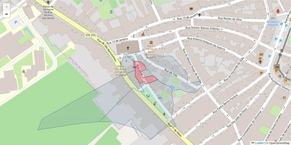 Mapa detalhado do código postal 7150-155 com limites, códigos postais vizinhos e agências dos correios