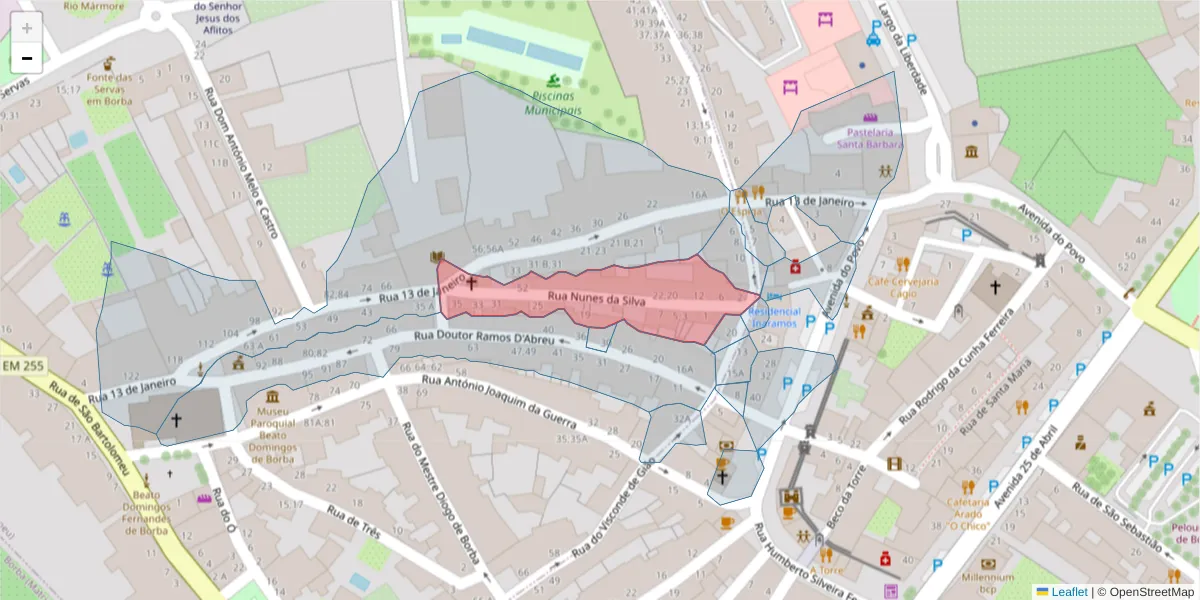 Mapa detalhado do código postal 7150-161 com limites, códigos postais vizinhos e agências dos correios