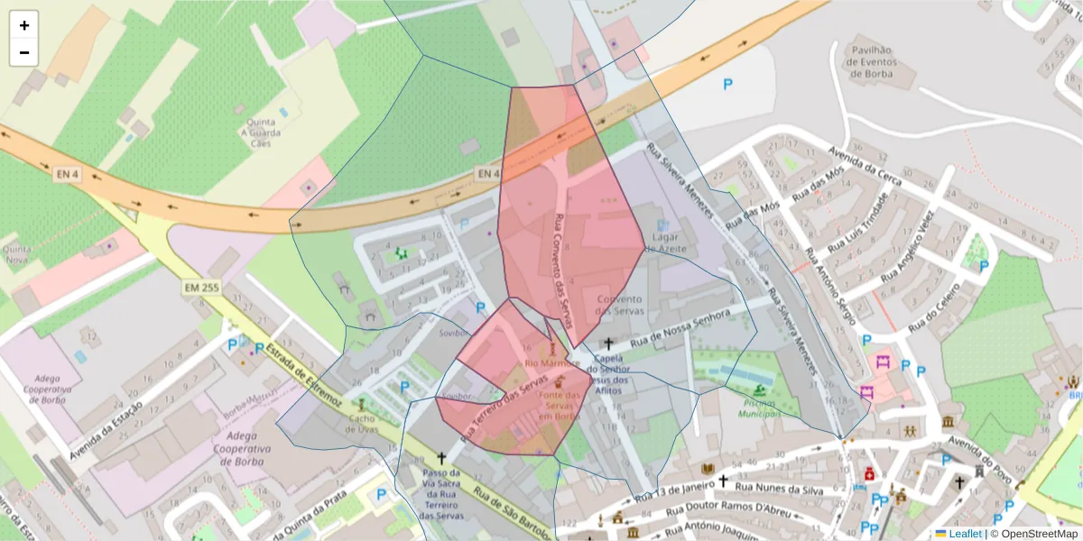 Mapa detalhado do código postal 7150-164 com limites, códigos postais vizinhos e agências dos correios