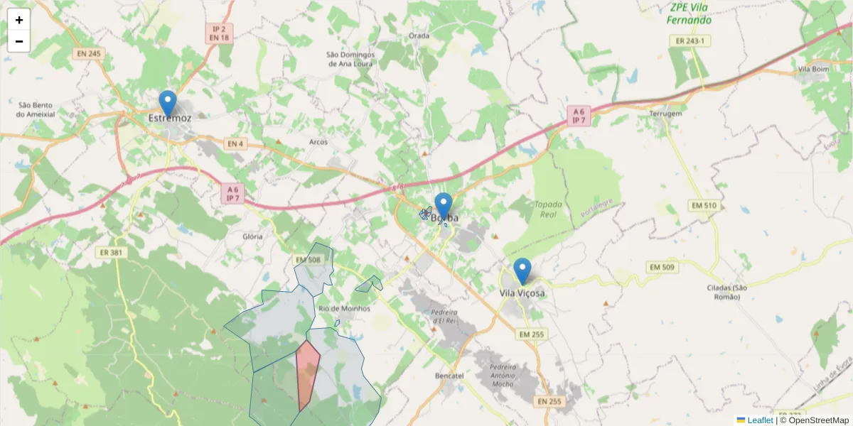 Mapa detalhado do código postal 7150-166 com limites, códigos postais vizinhos e agências dos correios