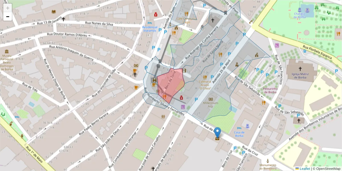 Mapa detalhado do código postal 7150-167 com limites, códigos postais vizinhos e agências dos correios