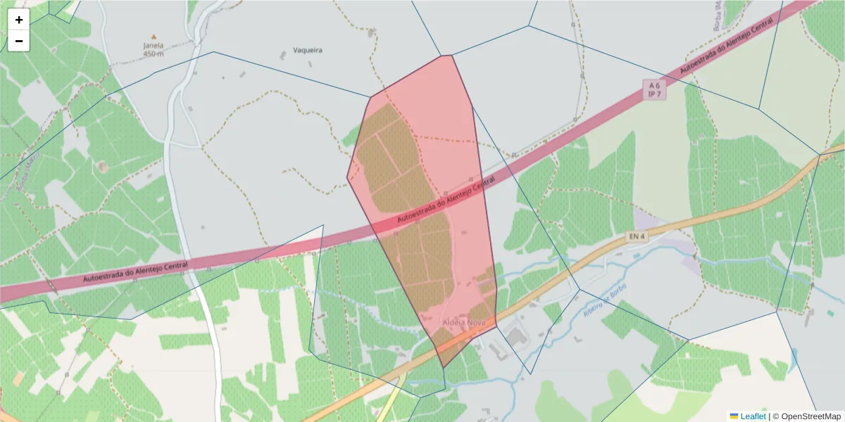 Mapa detalhado do código postal 7150-202 com limites, códigos postais vizinhos e agências dos correios