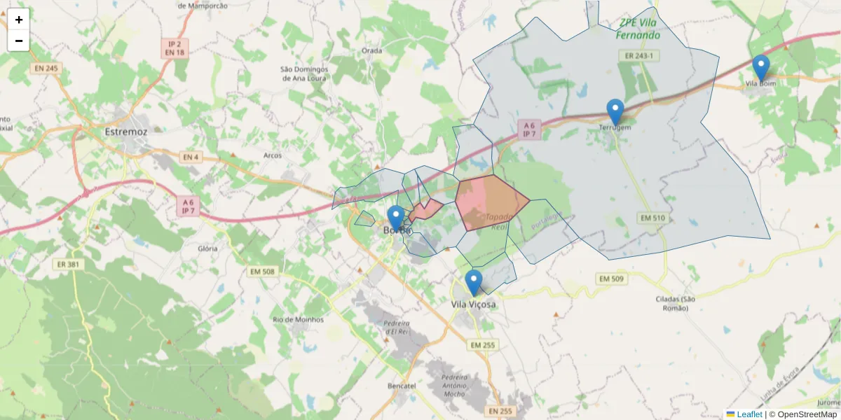 Mapa detalhado do código postal 7150-224 com limites, códigos postais vizinhos e agências dos correios