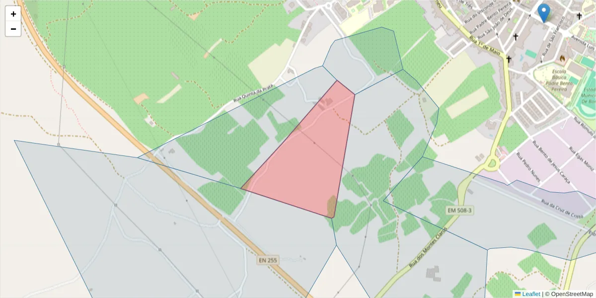 Mapa detalhado do código postal 7150-227 com limites, códigos postais vizinhos e agências dos correios