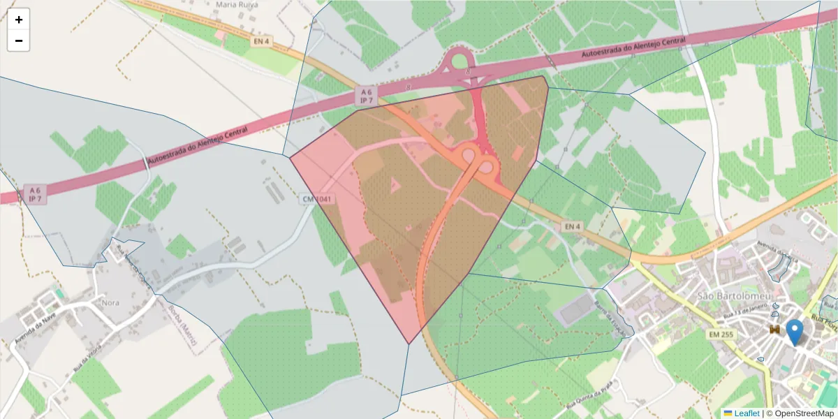 Mapa detalhado do código postal 7150-246 com limites, códigos postais vizinhos e agências dos correios