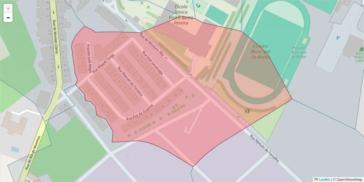 Mapa detalhado do código postal 7150-250 com limites, códigos postais vizinhos e agências dos correios