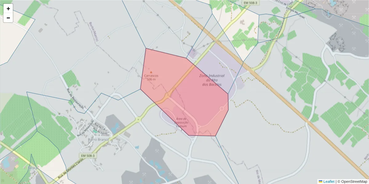 Mapa detalhado do código postal 7150-251 com limites, códigos postais vizinhos e agências dos correios