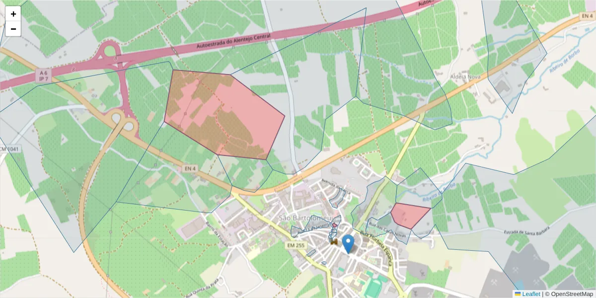 Mapa detalhado do código postal 7150-253 com limites, códigos postais vizinhos e agências dos correios