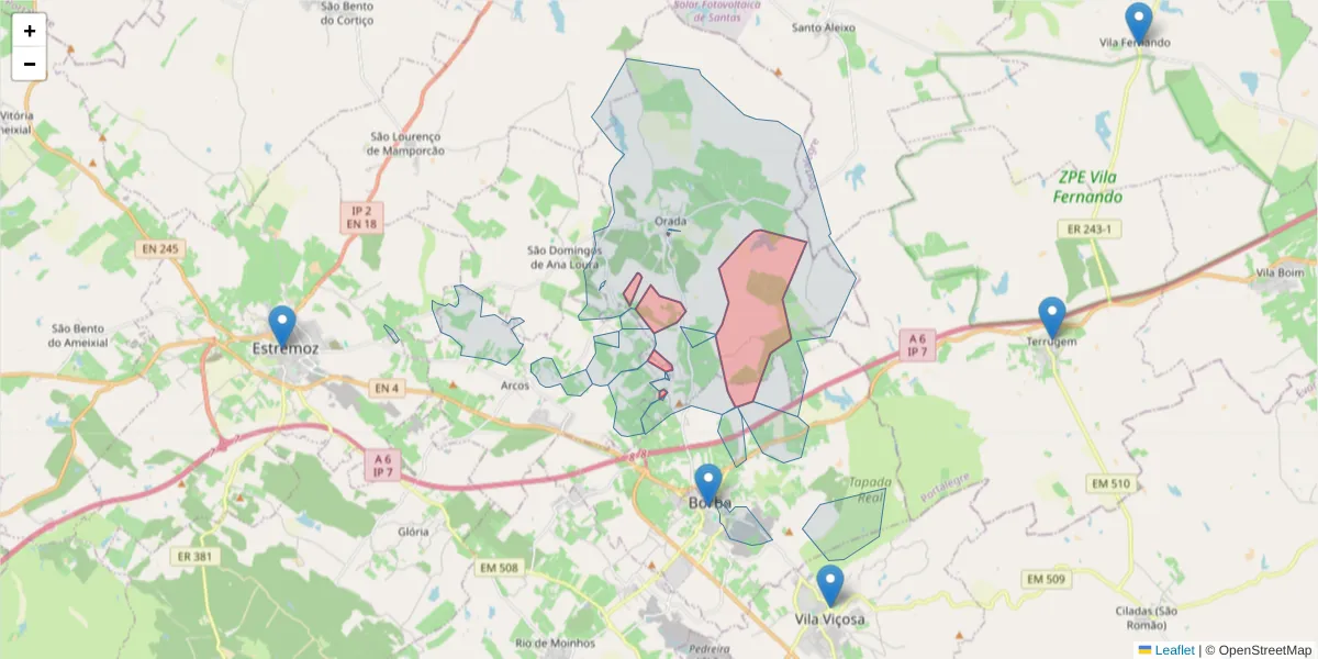 Mapa detalhado do código postal 7150-287 com limites, códigos postais vizinhos e agências dos correios