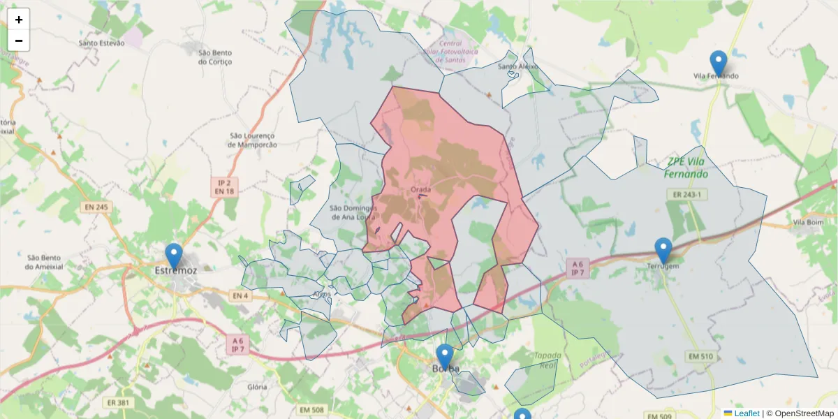 Mapa detalhado do código postal 7150-308 com limites, códigos postais vizinhos e agências dos correios