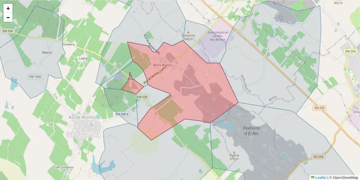 Mapa detalhado do código postal 7150-321 com limites, códigos postais vizinhos e agências dos correios