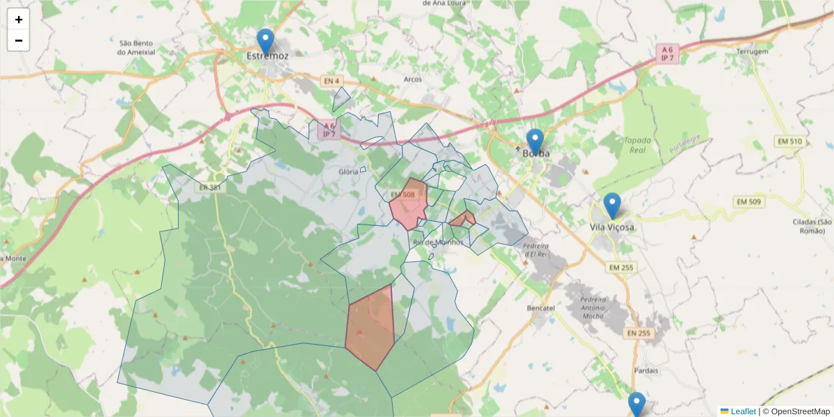 Mapa detalhado do código postal 7150-326 com limites, códigos postais vizinhos e agências dos correios